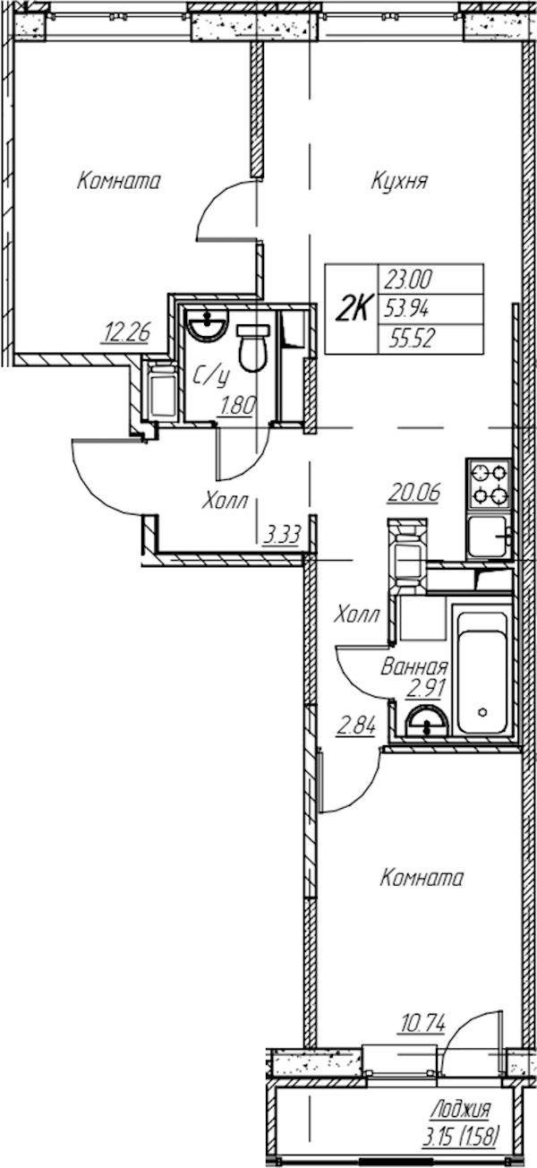 2-комнатная квартира 55.52 м², 8/22 эт., ЖК «Парк-квартал Юнтолово»